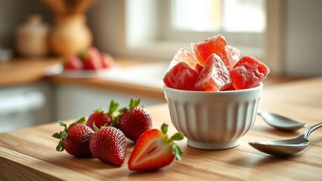Bonbons maison à la fraise dans un bol en céramique avec des fraises fraîches sur un plan de travail en bois
