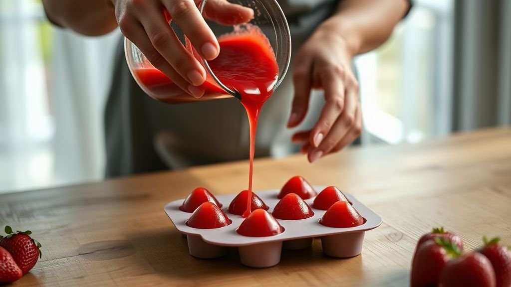 Mains versant une purée de fraise dans de petits moules en silicone sur un plan de travail