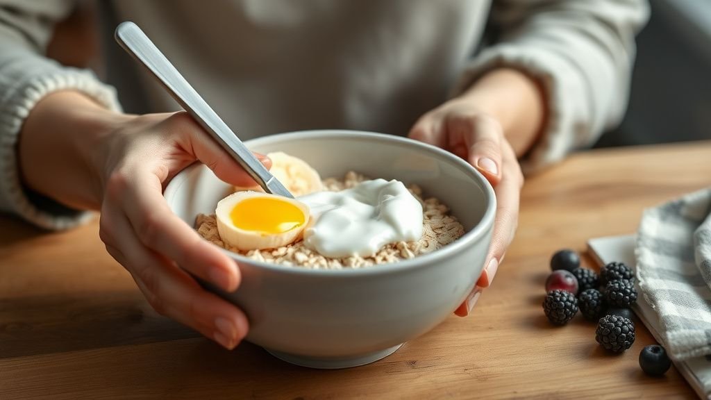 Mains préparant un bowl cake protéiné dans un bol en céramique avec avoine, œuf et banane