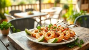 Brochettes de crevettes citron vert et coriandre faciles 2 Brochettes de crevettes grillées servies avec citron vert et coriandre sur une table d’été