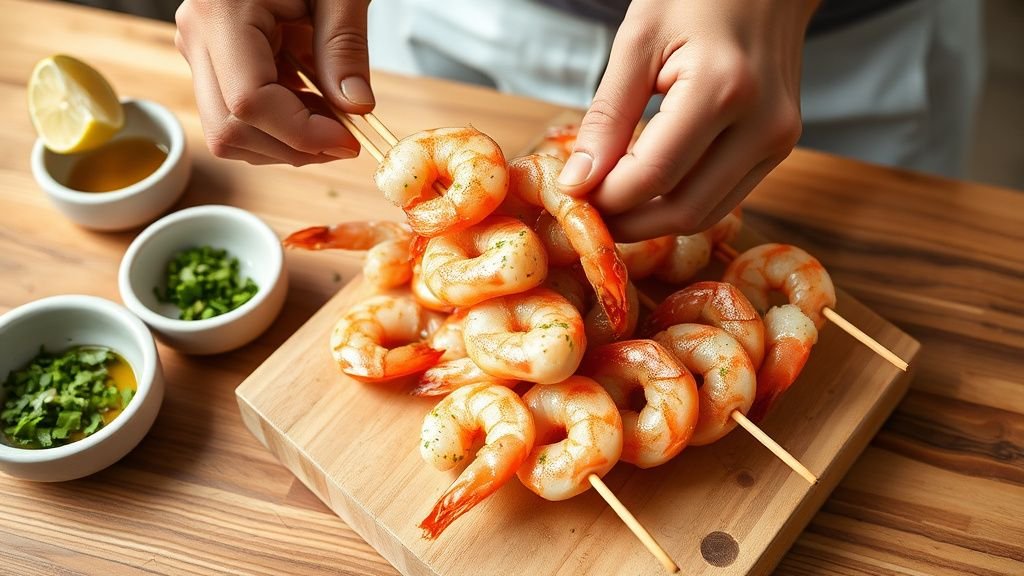 Brochettes de crevettes citron vert et coriandre faciles 2 Mains préparant des brochettes de crevettes avec citron vert, coriandre et ail sur un plan de travail