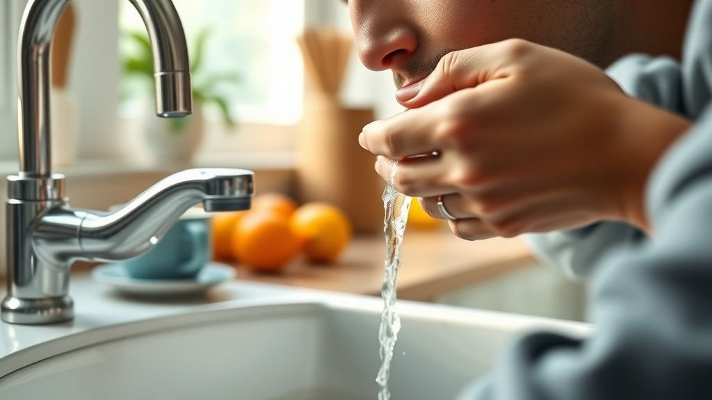 Personne se rinçant la bouche à l’eau après le petit-déjeuner dans une cuisine lumineuse