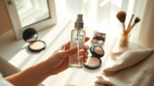 Mains tenant une brume de maquillage près d’une coiffeuse lumineuse, ambiance d’été naturelle et élégante