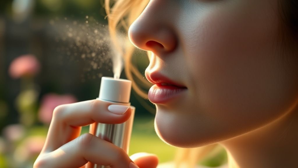 Personne vaporisant une brume visage en extérieur, avec lumière d’été et fond de jardin flou