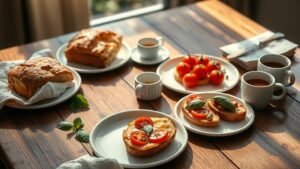 Brunch italien maison : 4 idées simples pour le week-end 2 Table de brunch italien maison avec focaccia, bruschettas, cake salé et lumière du matin