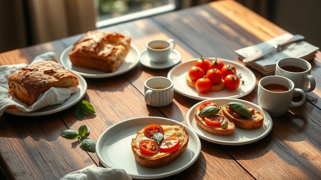 Table de brunch italien maison avec focaccia, bruschettas, cake salé et lumière du matin