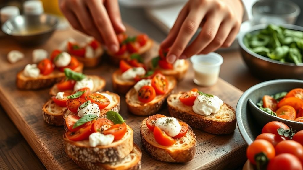 Mains préparant des bruschettas italiennes sur du pain grillé avec ricotta, tomates et basilic