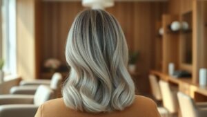 Femme de dos avec une transition douce vers les cheveux blancs dans un salon lumineux