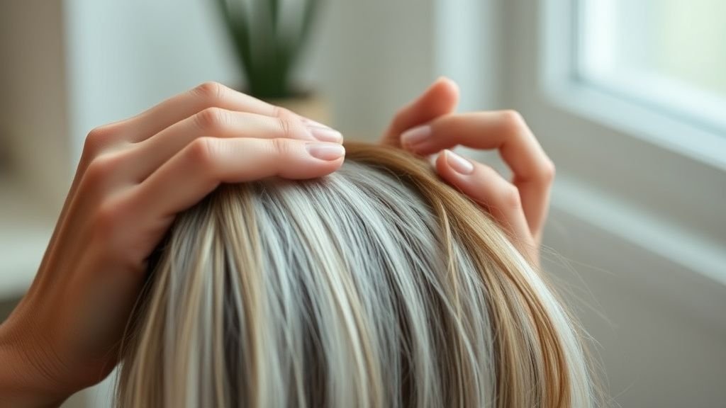 Cheveux blancs en douceur : la coloration végétale idéale 2 Mains de coiffeur appliquant un soin végétal sur des mèches grises et brunes