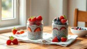 Chia pudding d’été aux fruits rouges : petit-déjeuner frais 1 Chia pudding d’été aux fruits rouges dans des verrines, sur une table en bois sous lumière naturelle