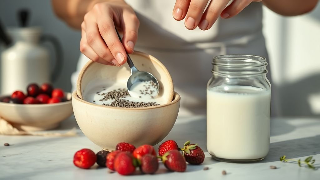 Chia pudding d’été aux fruits rouges : petit-déjeuner frais 2 Mains mélangeant des graines de chia avec du lait végétal dans un bol près de fruits rouges frais