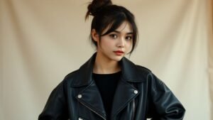 Jeune femme coiffée d’un chignon flou haut avec quelques mèches libres et une allure mode