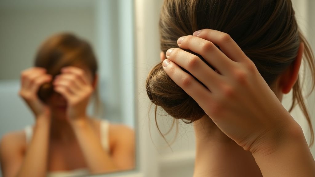 Chignon flou : la coiffure chic qui sublime le visage 2 Mains coiffant un chignon flou avec des mèches libres dans une ambiance beauté naturelle