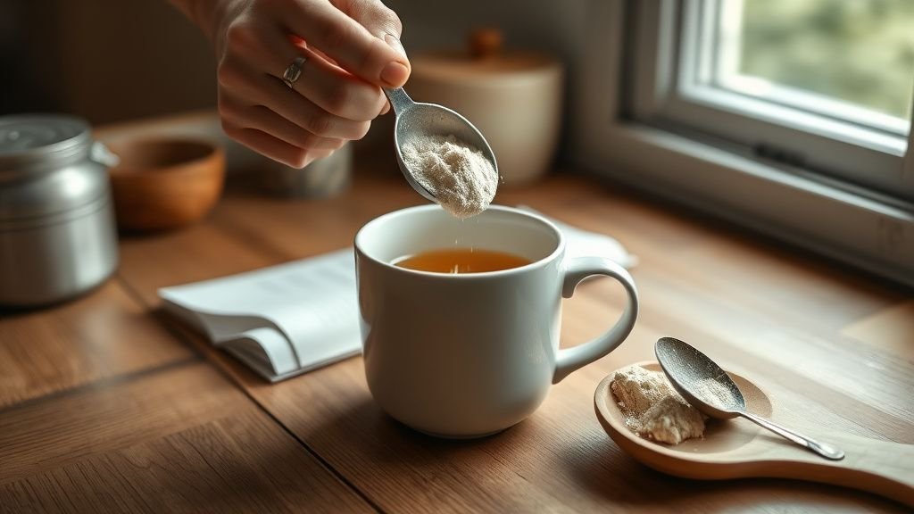 Collagène oral : ce qu’il faut vraiment attendre des compléments 2 Mains versant une poudre claire dans une tasse de thé sur un plan de travail en bois
