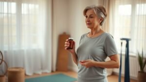 Femme mature dans un intérieur lumineux avec tapis de yoga et complément alimentaire sans marque