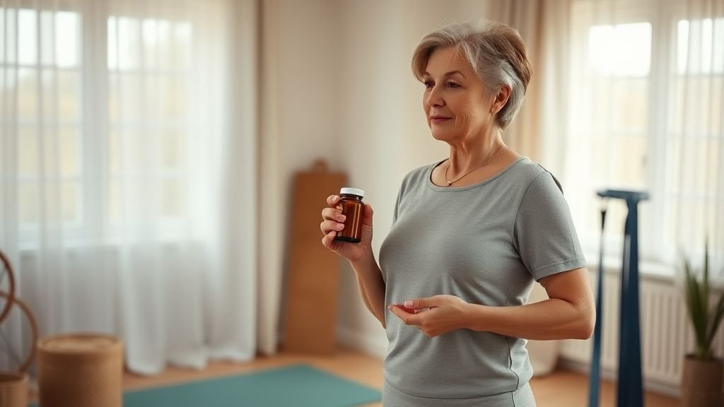 Femme mature dans un intérieur lumineux avec tapis de yoga et complément alimentaire sans marque