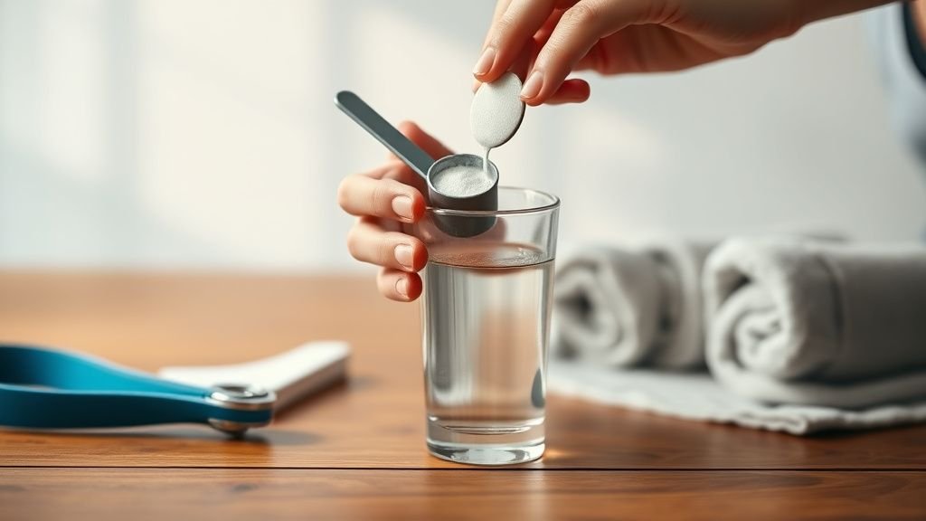 Mains versant une poudre blanche dans un verre près d’accessoires de sport doux