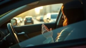 Femme appliquant de la crème pour les mains dans sa voiture, lumière naturelle et ambiance apaisante