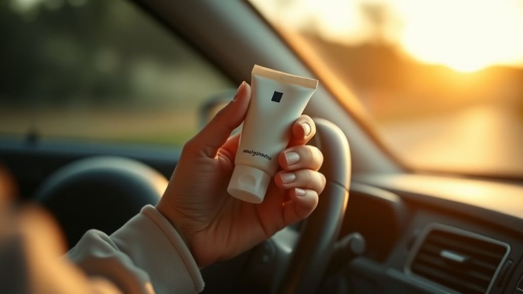 Crème pour les mains : le geste simple pour s’évader 2 Gros plan sur des mains tenant un tube de crème neutre dans une voiture, ambiance douce et lumineuse