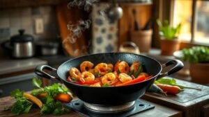 Wok de crevettes sautées avec légumes croquants, coloré et servi dans une cuisine baignée de lumière naturelle