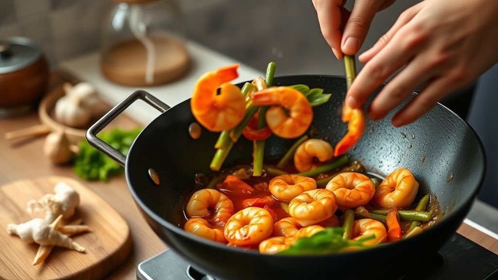Mains en train de faire sauter des crevettes et légumes dans un wok chaud, ambiance cuisine naturelle