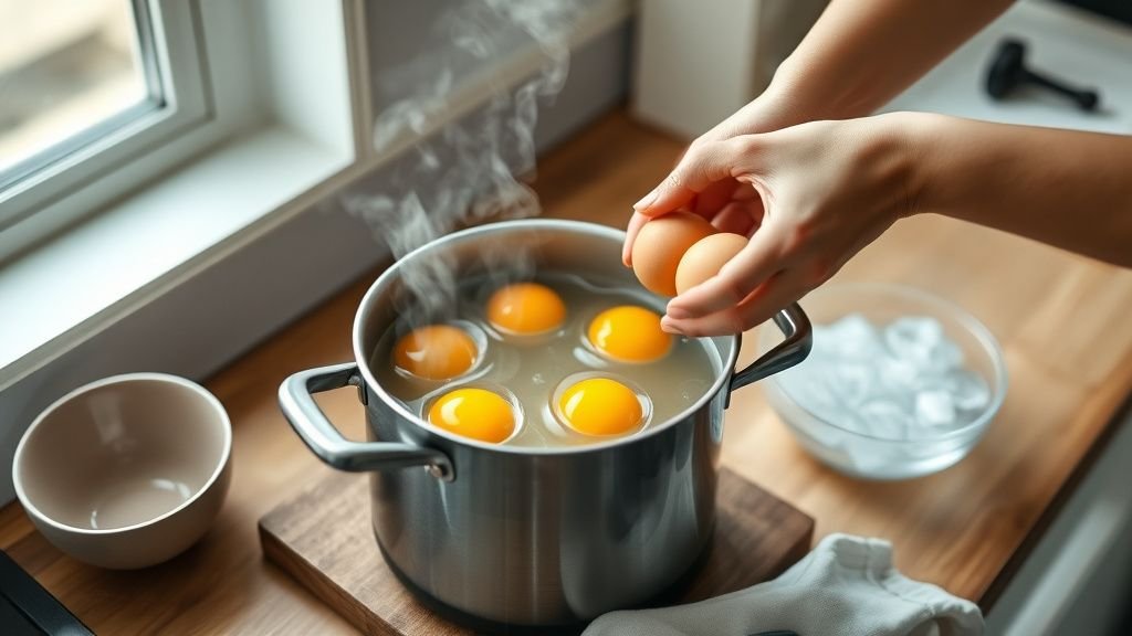 Cuisson des œufs parfaits : coque, mollet ou dur sans stress 1 Mains déposant des œufs dans une casserole d’eau chaude avec un bol d’eau glacée sur un plan de travail en bois