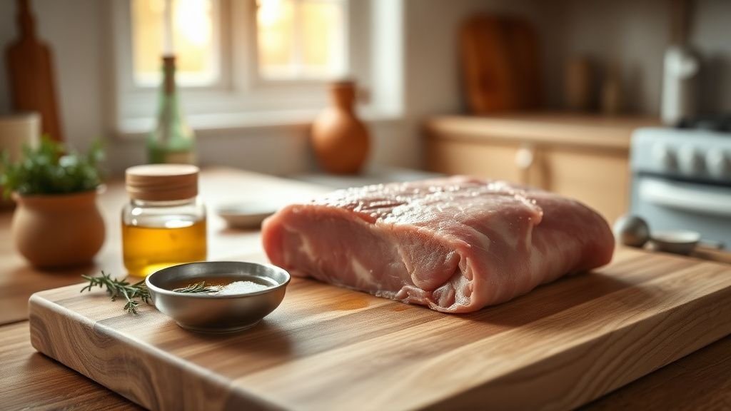 Filet mignon de porc cru avec moutarde, miel et herbes sur un plan de travail en bois sous lumière naturelle