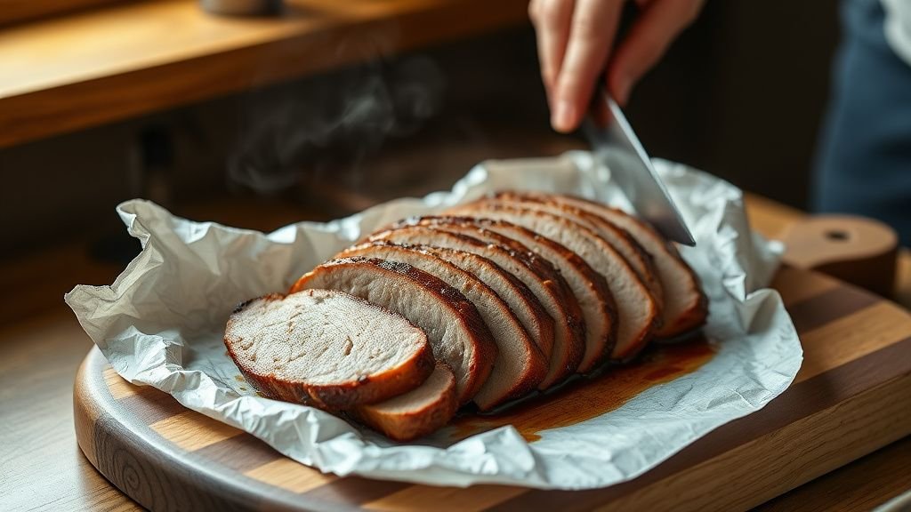 Filet mignon de porc reposant sous aluminium, puis tranché en médaillons sur une planche en bois