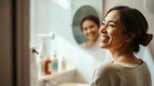 Personne souriante devant un miroir dans une salle de bain lumineuse, ambiance douce autour des dents jaunes