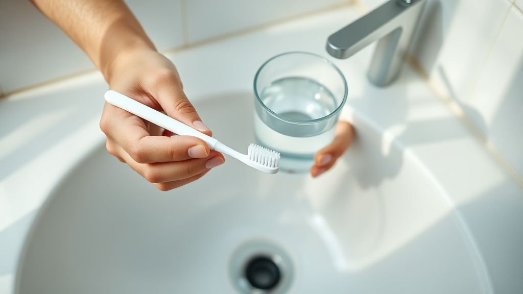 Mains tenant une brosse à dents simple près d’un lavabo en céramique, lumière naturelle et ambiance épurée