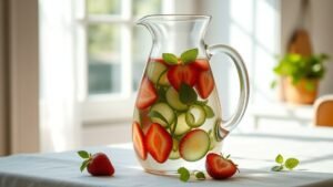 Eau détox fraise, concombre et menthe : recette fraîche 1 Carafe d’eau détox avec fraises, concombre et menthe sur une table en lin, lumière naturelle