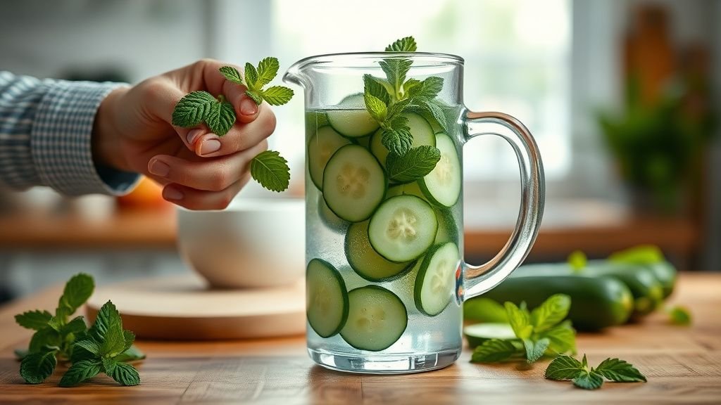 Mains ajoutant de la menthe et du concombre dans une carafe d’eau fraîche sur un plan de travail en bois