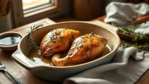 Filets de poulet dorés dans un plat en céramique avec herbes, huile d’olive et lumière naturelle