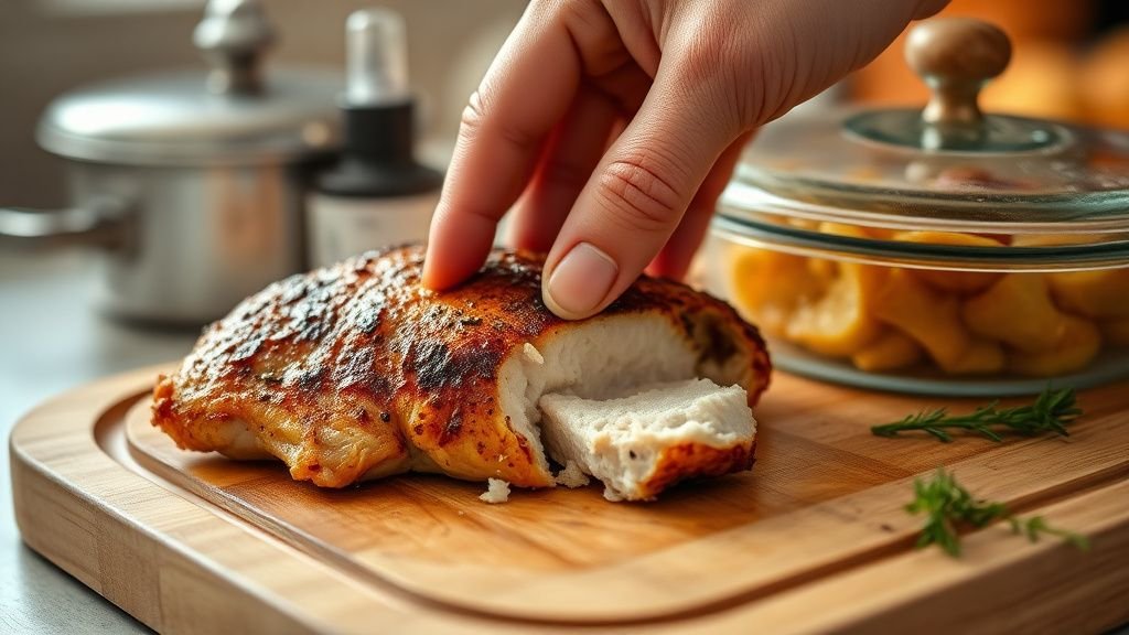 Main vérifiant la cuisson d’un filet de poulet sur une planche en bois avec vapeur légère