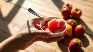 Glace plus saine : le détail à vérifier avant d’acheter 2 Main tenant une coupe de sorbet aux fruits sur une table en bois, avec lumière naturelle d’été