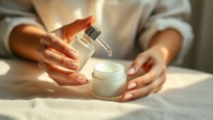 Mains mélangeant des gouttes autobronzantes à une crème sur une table en lin, lumière naturelle d’été