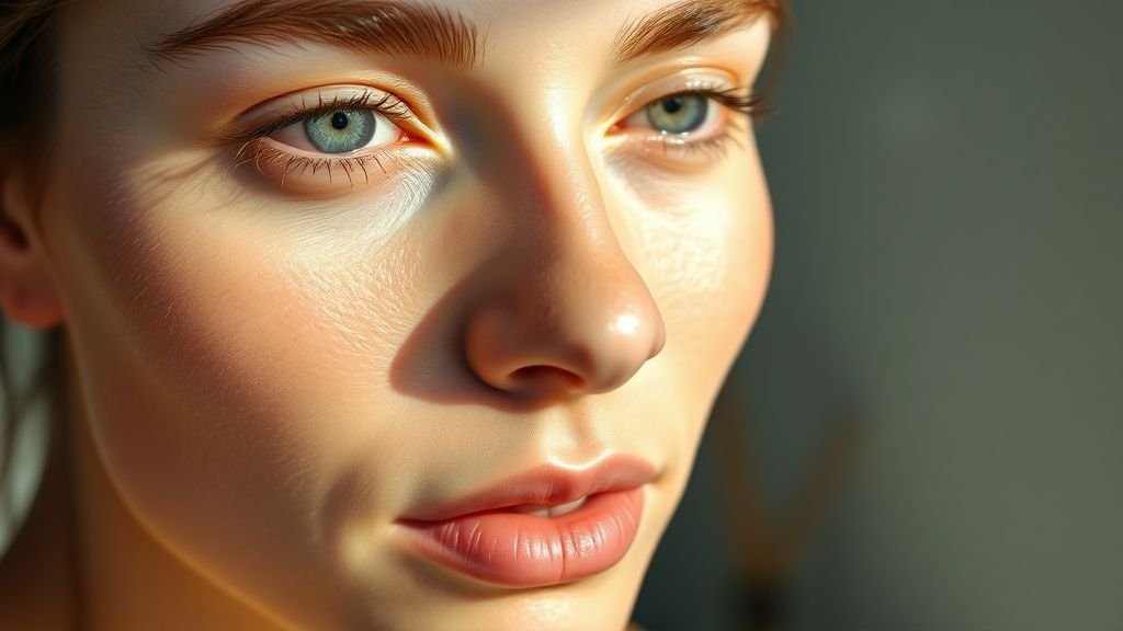 Visage au teint lumineux et naturel dans une salle de bain épurée, avec un effet bonne mine discret