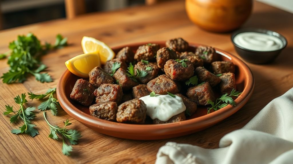 Keftas de bœuf maison servies sur une assiette rustique avec herbes fraîches et sauce au yaourt