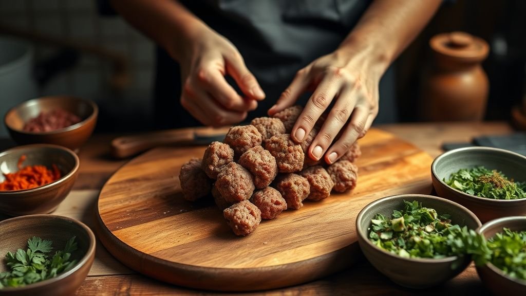 Mains façonnant des keftas de bœuf sur un plan de travail en bois avec herbes et épices