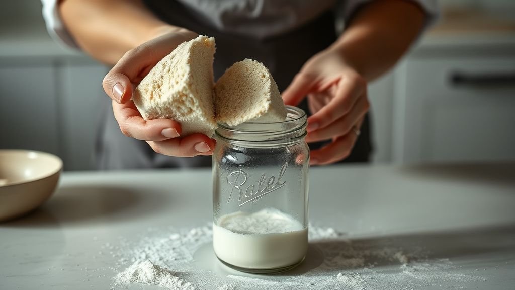 Levain sans gluten maison : réussir son levain-chef pas à pas 2 Mains rafraîchissant un levain sans gluten dans un bocal en verre avec farine sur le plan de travail