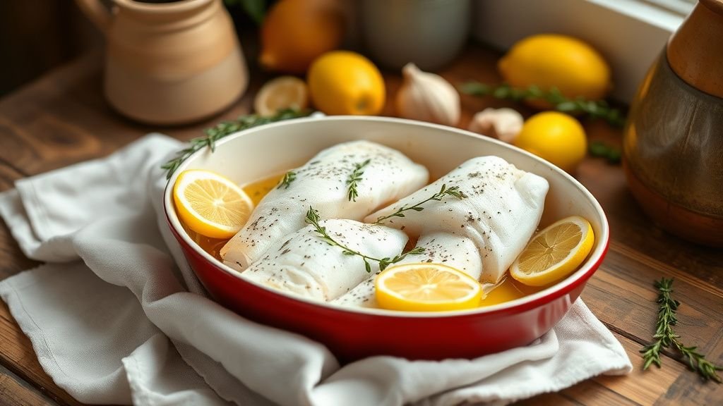 Lieu noir au four aux herbes et citron, recette légère 1 Filets de lieu noir au four garnis de citron et d’herbes dans un plat rustique en lumière naturelle