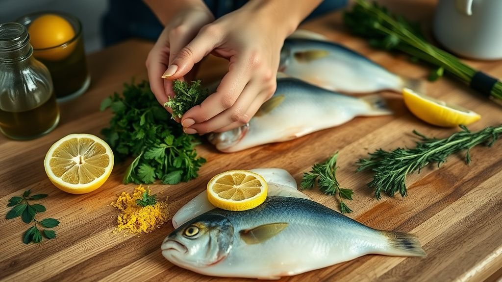 Lieu noir au four aux herbes et citron, recette légère 2 Mains préparant une marinade au citron et aux herbes près de filets de poisson sur un plan de travail en bois