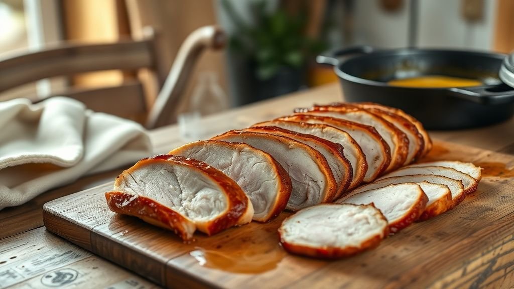 Magret de canard tranché avec peau croustillante sur une table en bois, ambiance cuisine naturelle