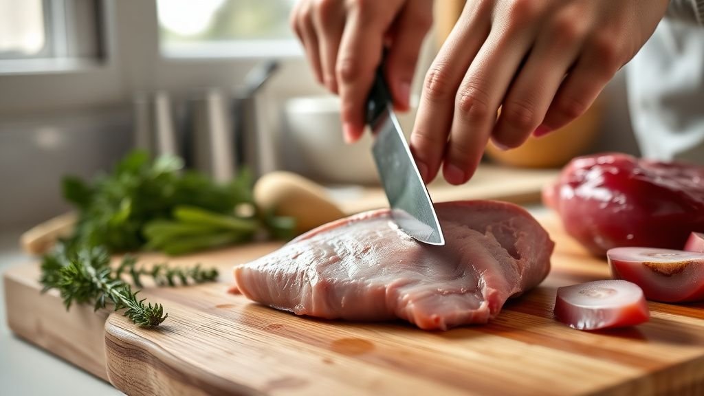 Mains incisant la peau d’un magret de canard sur une planche en bois sous lumière naturelle