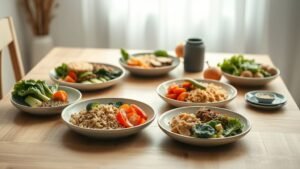 Manger plus régulièrement : l’habitude simple qui aide 1 Assiette équilibrée préparée sur une table de cuisine baignée de lumière naturelle