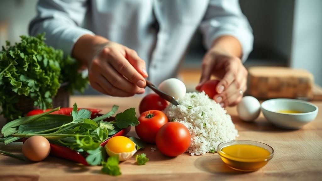 Manger plus régulièrement : l’habitude simple qui aide 2 Mains préparant des aliments simples sur un plan de travail en bois dans une cuisine lumineuse