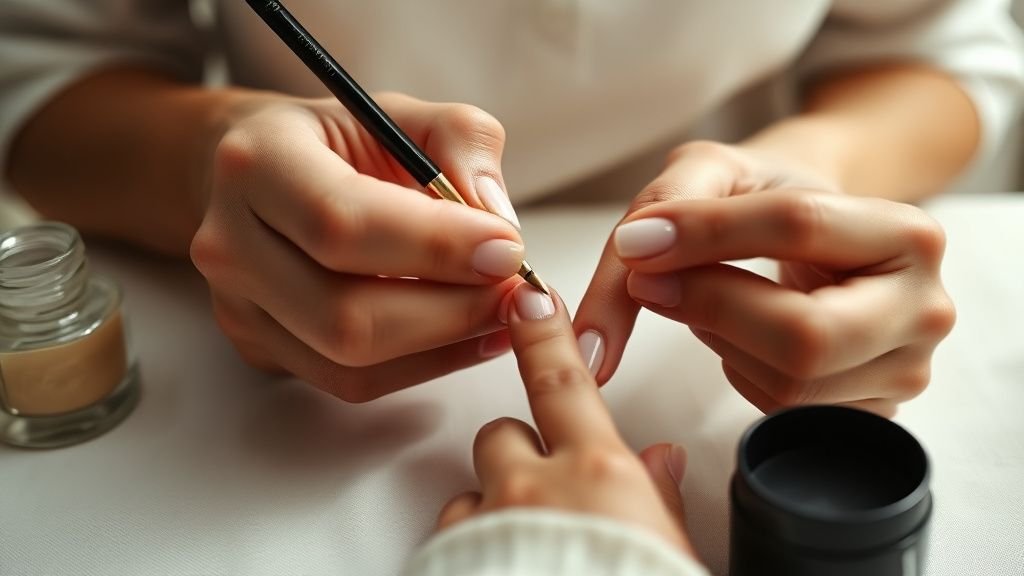 Manucure rayée : la tendance nail art de l'été 2026 2 Mains réalisant une manucure rayée avec un pinceau fin sur un espace de travail lumineux