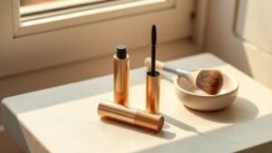 Mascara de pharmacie posé sur une surface claire avec accessoires de maquillage sous lumière naturelle