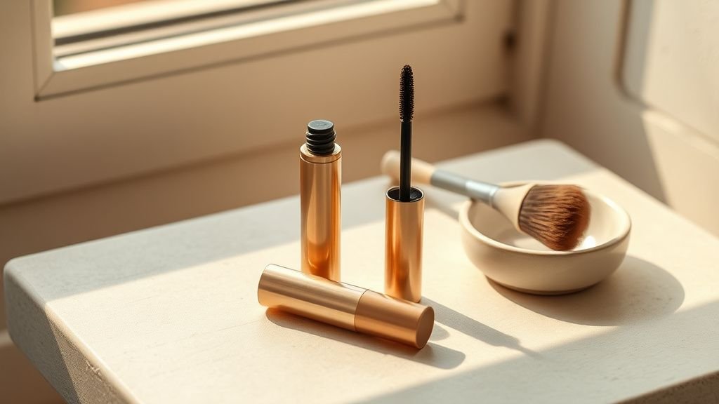 Mascara de pharmacie posé sur une surface claire avec accessoires de maquillage sous lumière naturelle
