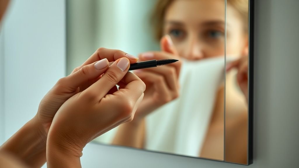 Mains appliquant du mascara devant un miroir dans une salle de bain éclairée par la lumière du matin